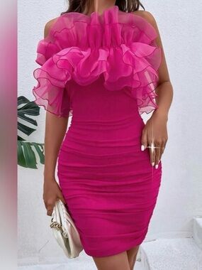 WDIRARA Layered Ruffled Ruched Dress  NWT Sz. L Hot Pink